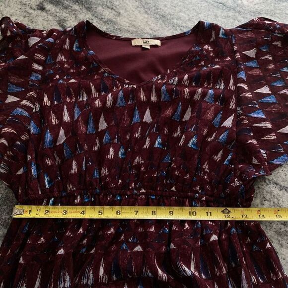 Ya Los Angeles Small Dress Graphic Purple V Neck Ruffle Short Sleeve Fit Flare - Picture 7 of 10